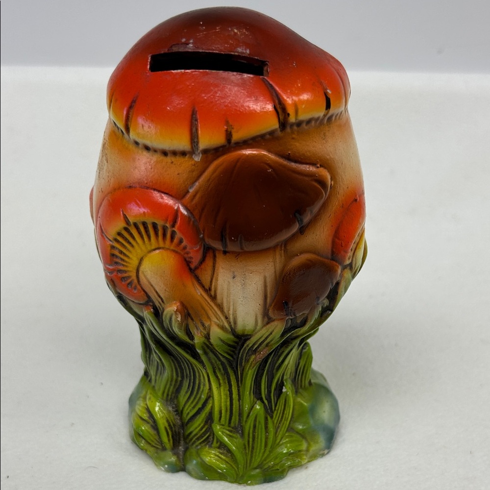 Vintage 1970’s 6.5” H  hand painted mushroom chalk-ware coin bank